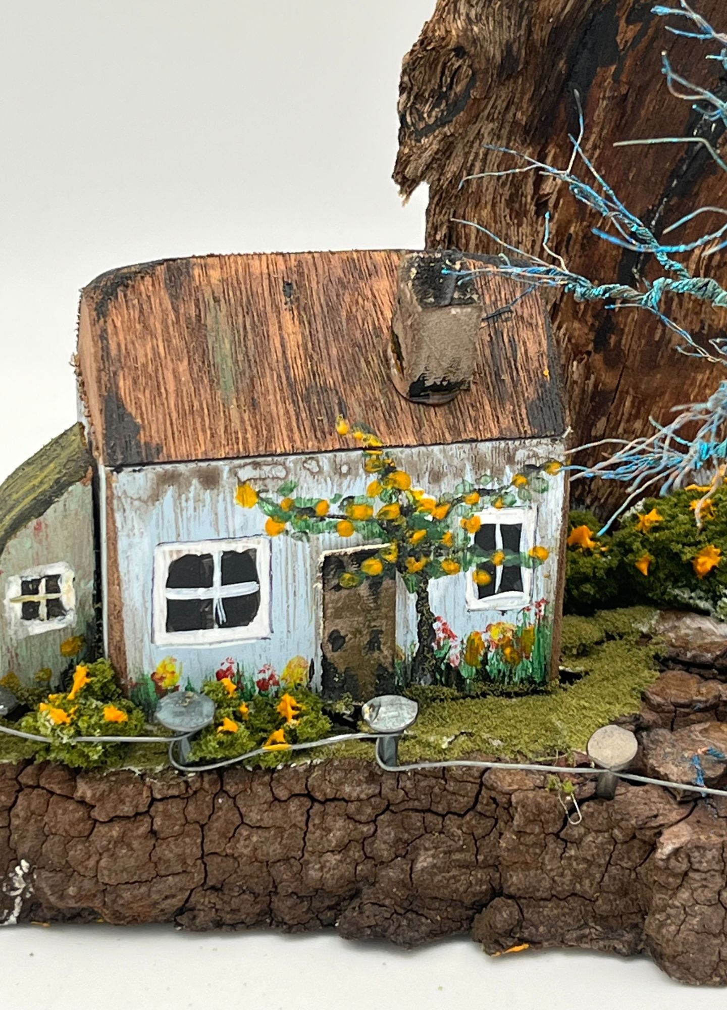 Handcrafted Miniature Wooden Houses  on Natural Base  with hand sculpted wire verdigris  tree RRH1025
